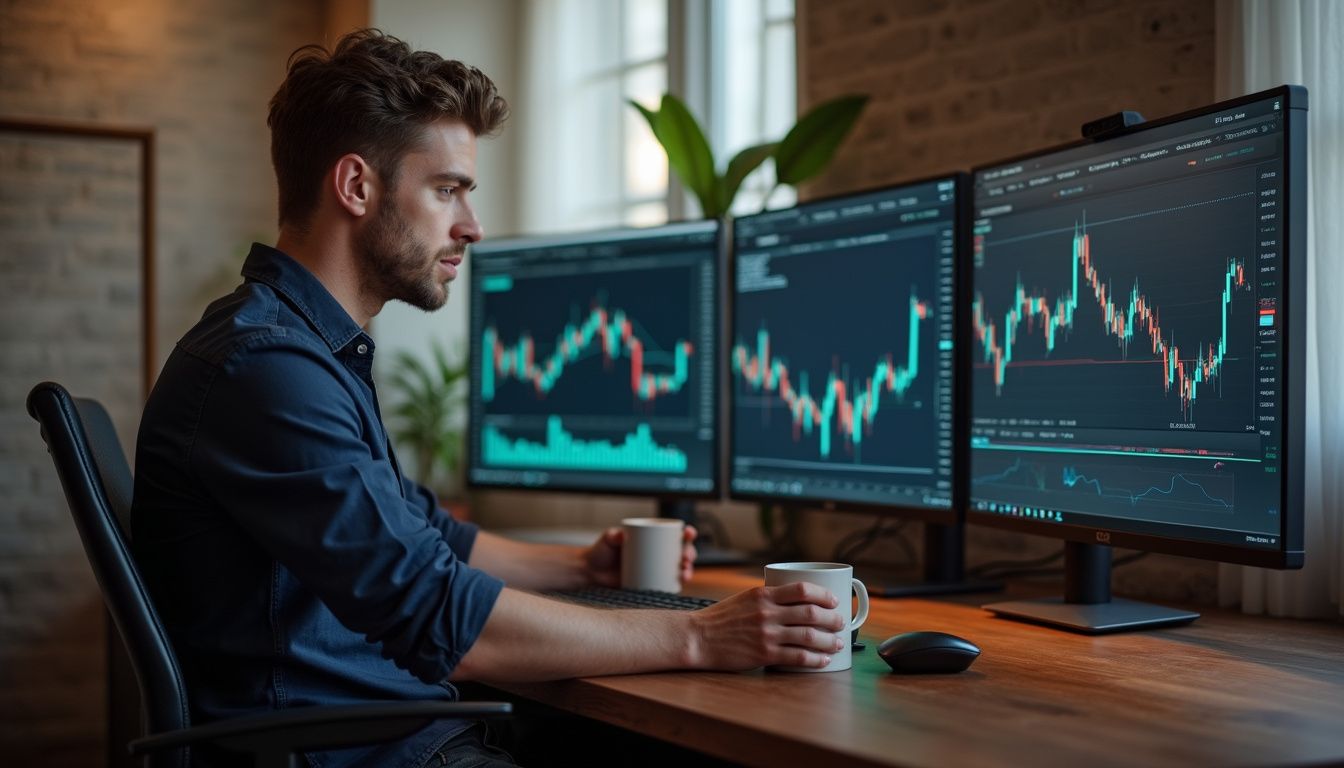 A man works intently at a modern desk surrounded by monitors.