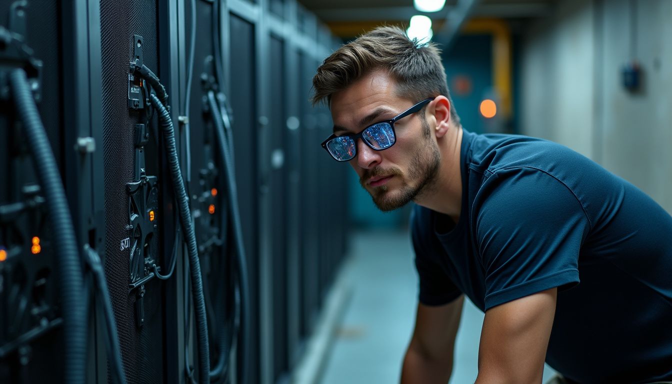A technician monitors an underground Bitcoin mining facility filled with equipment.