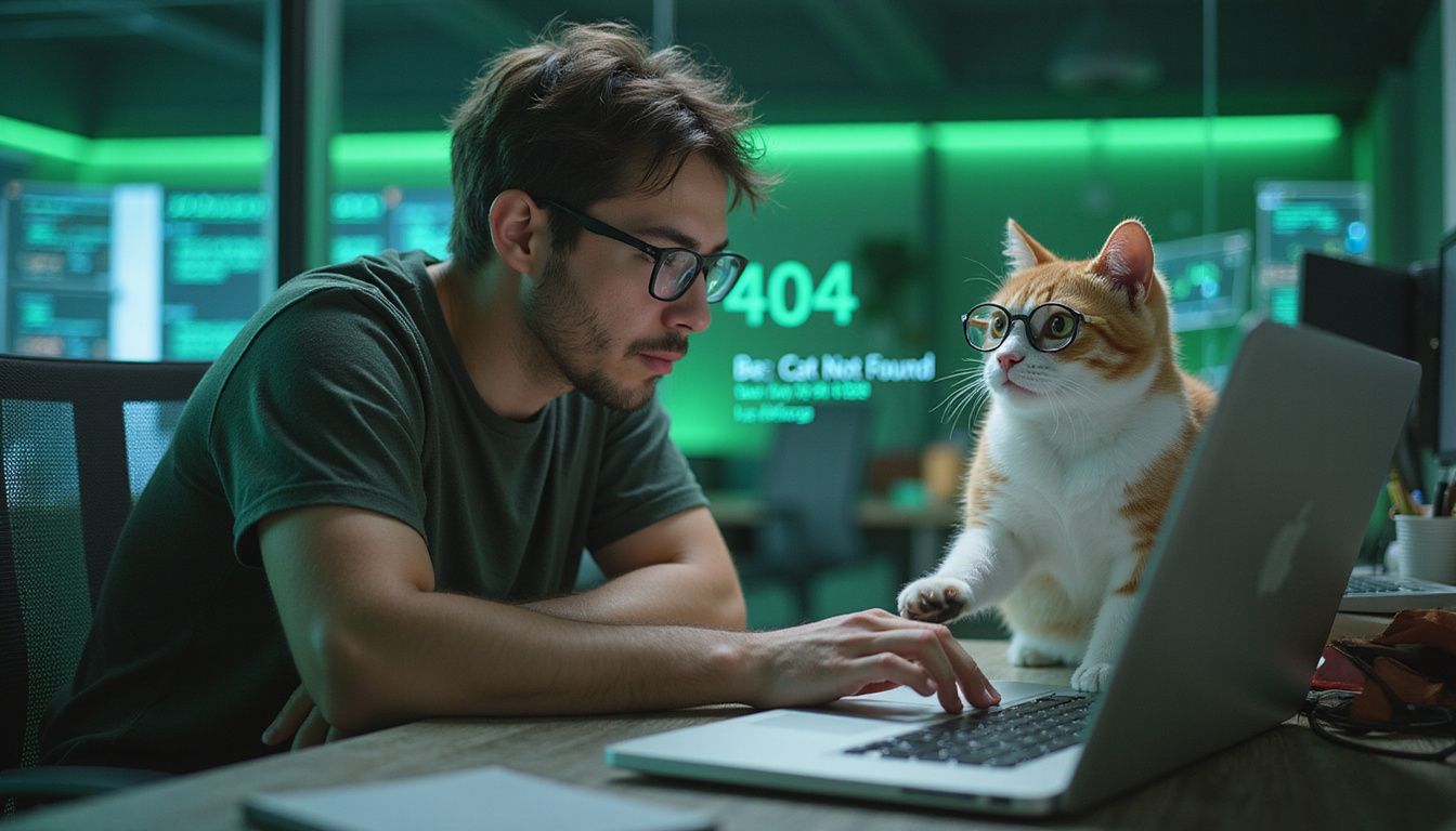A coder's cat humorously disrupts work with hacker glasses.