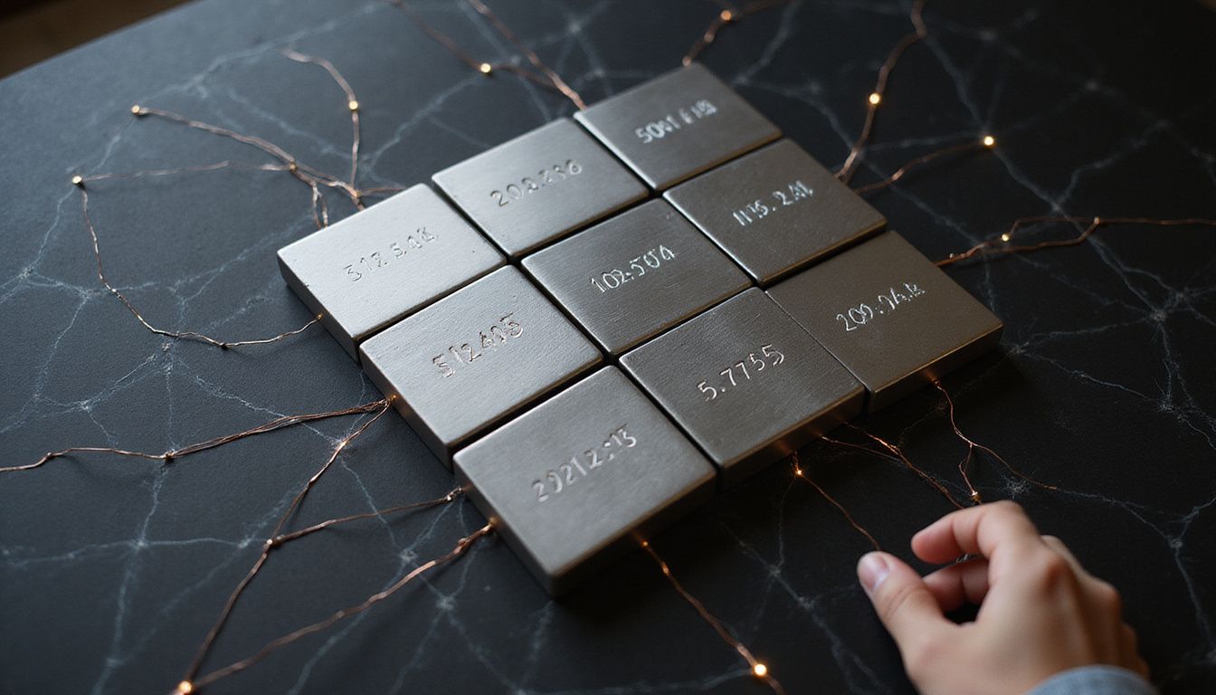A man gestures towards interlinked metallic blocks on a dark surface.