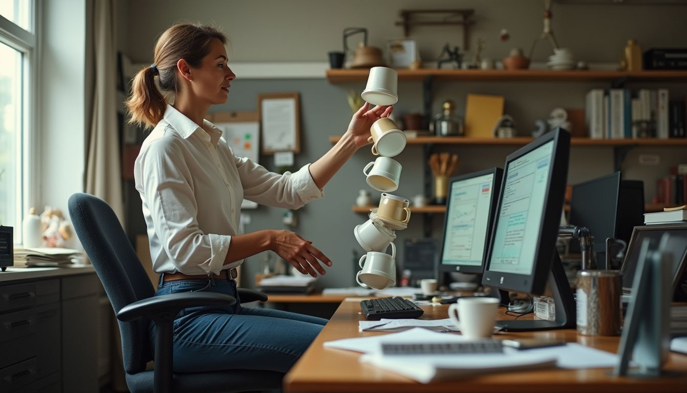 A multitasking woman balances coffee cups amid chaotic office clutter.