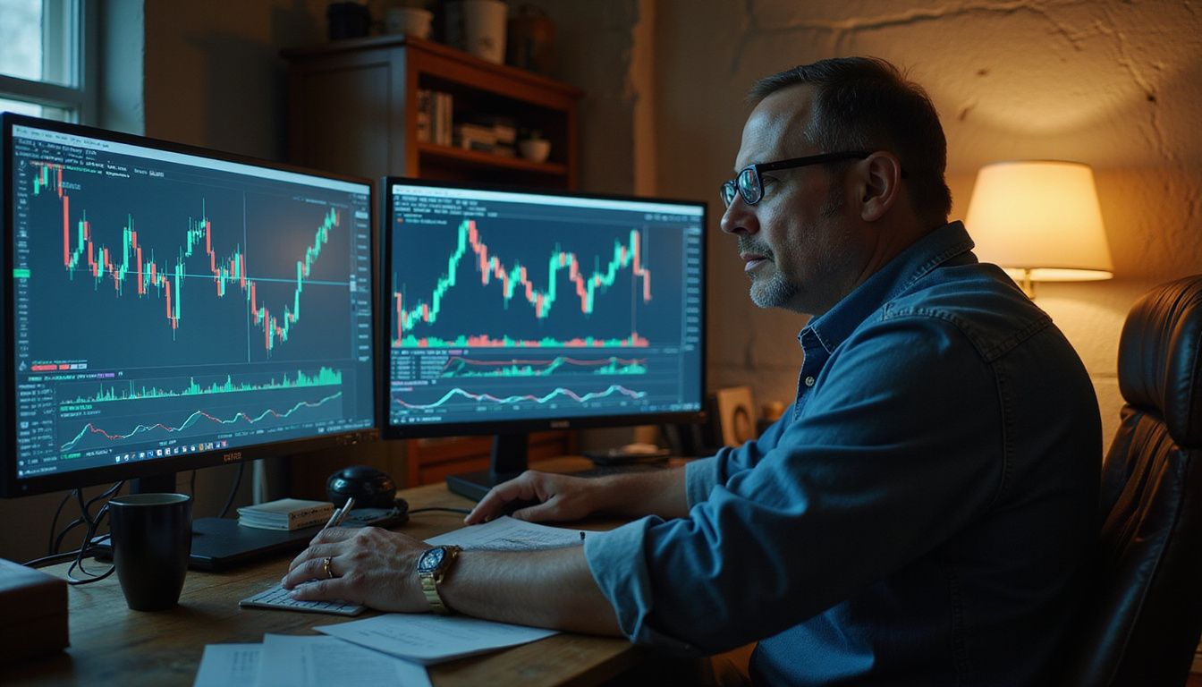 A focused man analyzes cryptocurrency prices on multiple monitors at night.