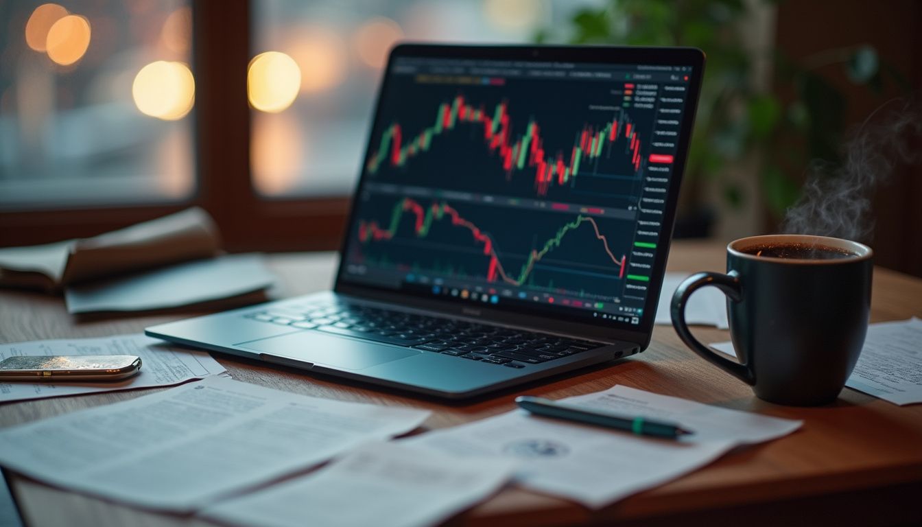 A cluttered desk with a laptop displaying cryptocurrency charts and notes.