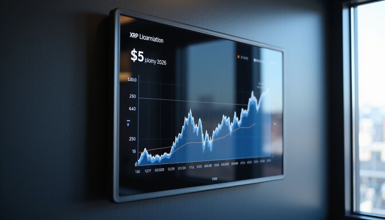 A sleek digital display shows XRP's projected price growth to $5 in 2026.