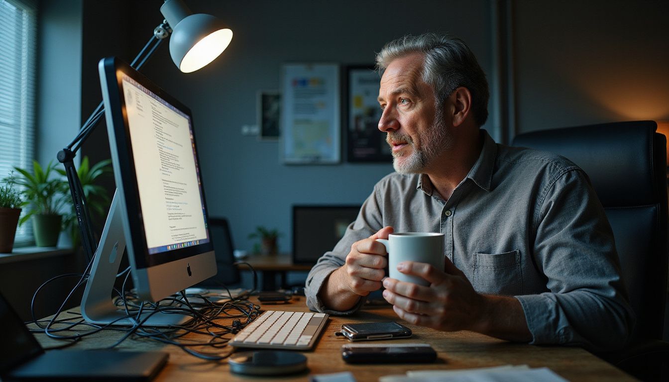 A man humorously mimics giving a TED talk at a chaotic desk.