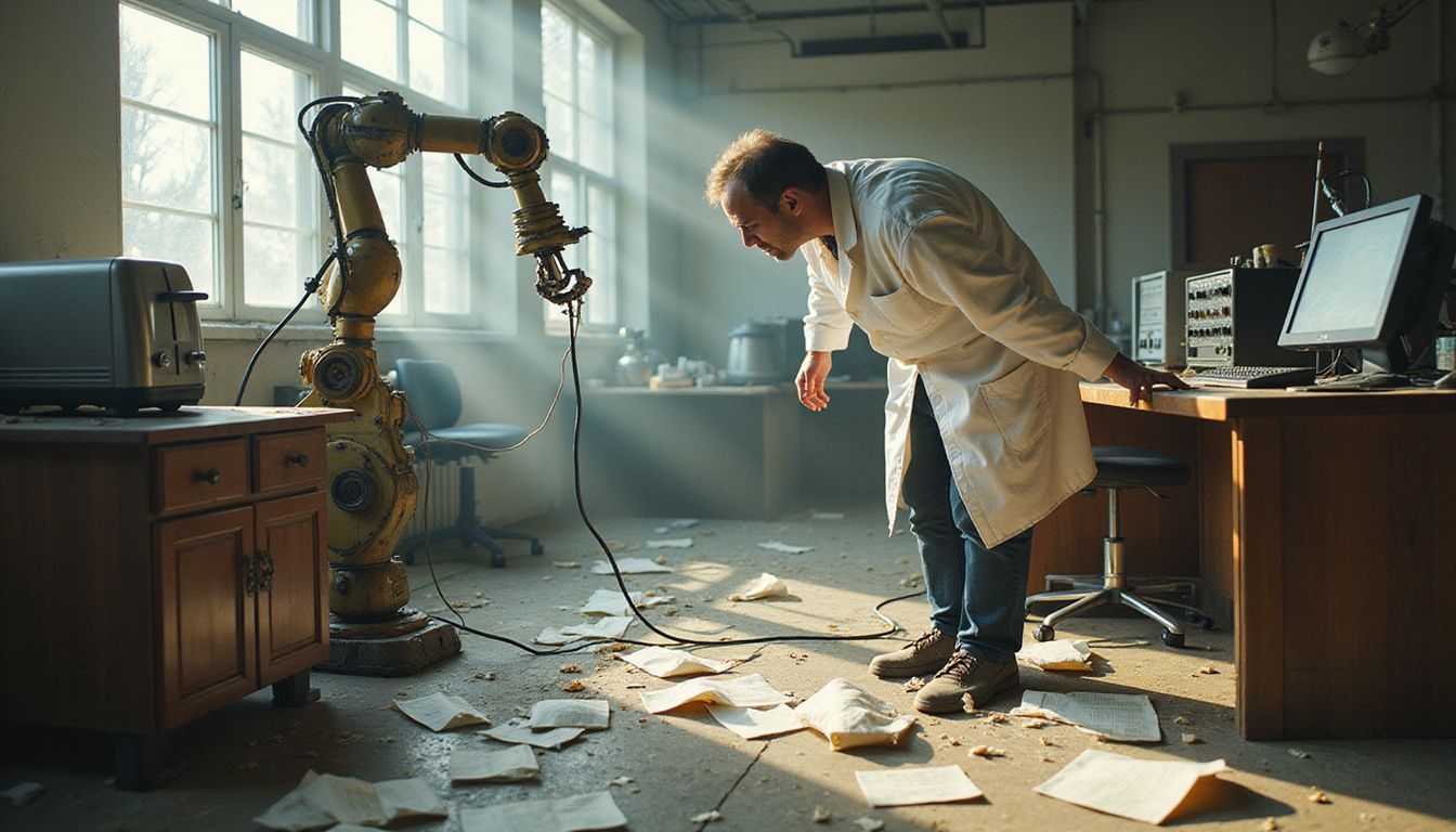 An abandoned lab scene with chaotic robots and a puzzled scientist.