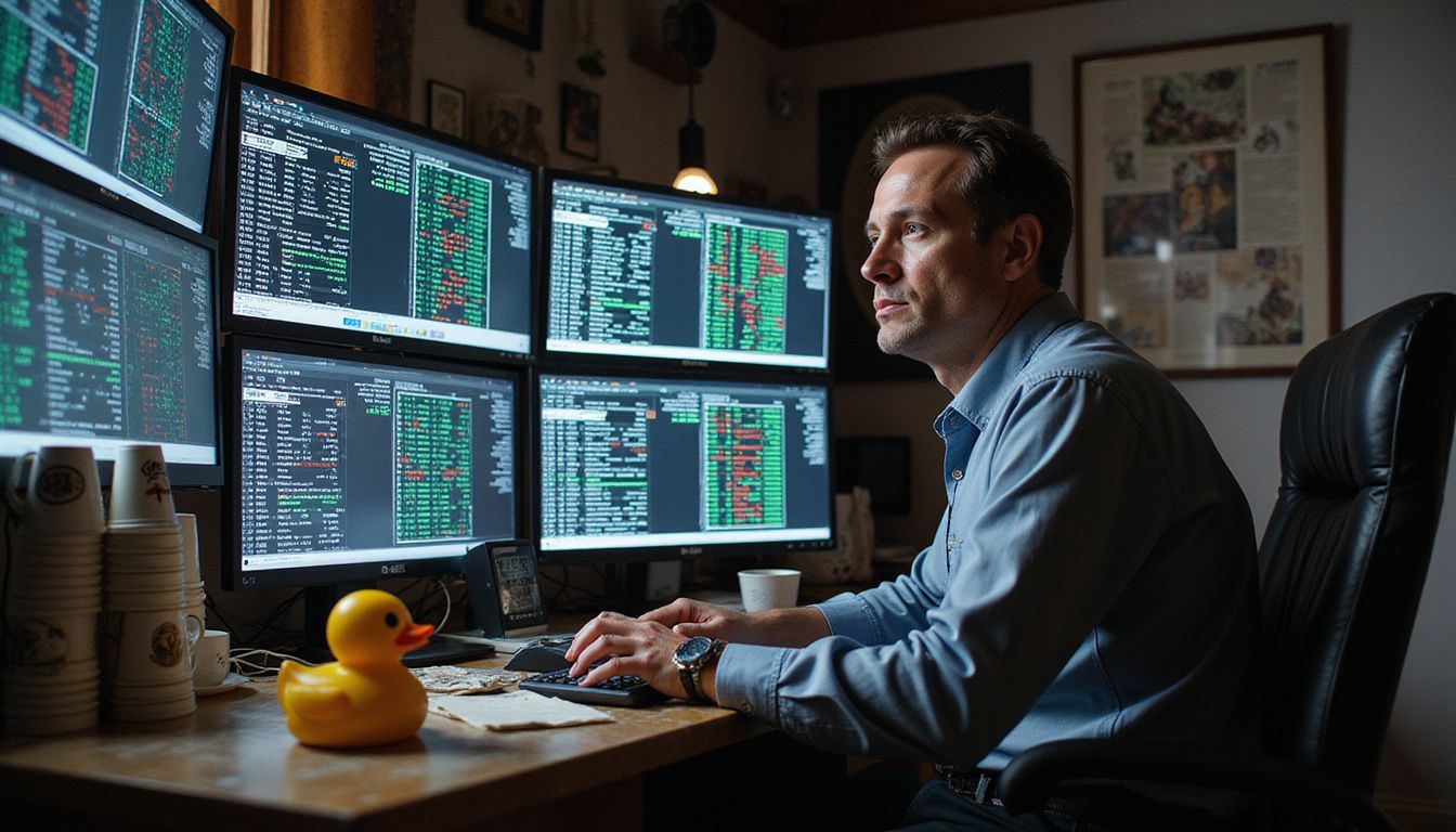 A frantic man obsessively monitors chaotic cryptocurrency screens in his office.