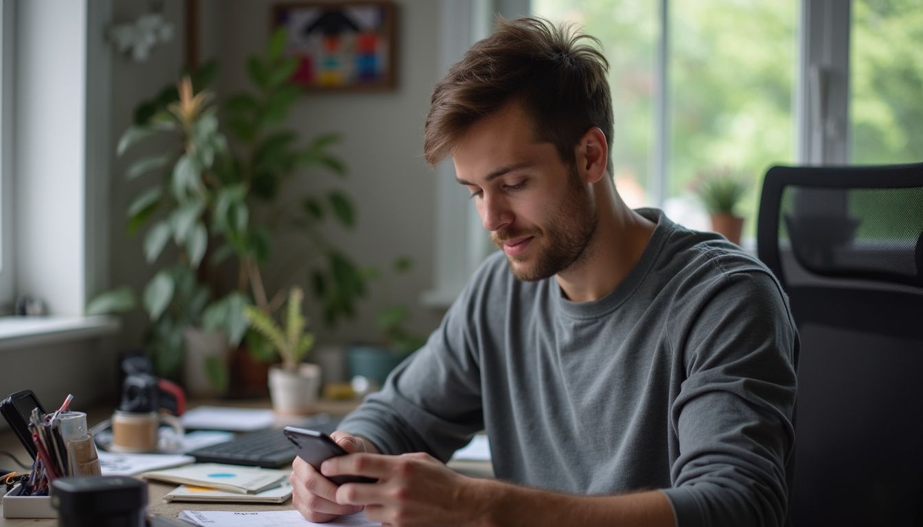 A man casually checks Bitcoin updates at his messy desk.