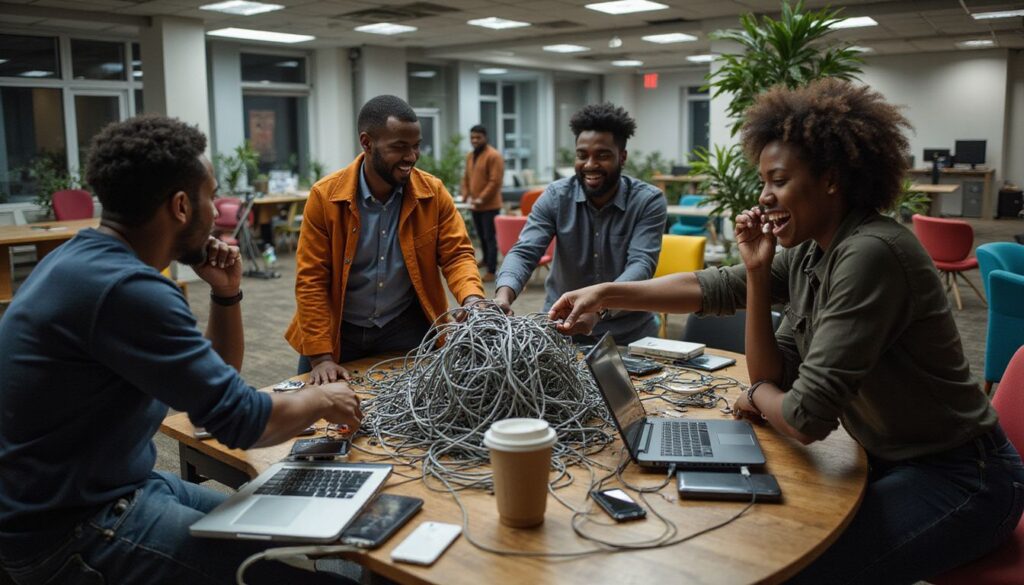 A group of office workers comically battles a tangled web of charging cables in a lively co-working space. What Are The 4 Types Of Blockchain?